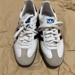 adidas White Sneakers with Black Stripes and Gray Suede Accents